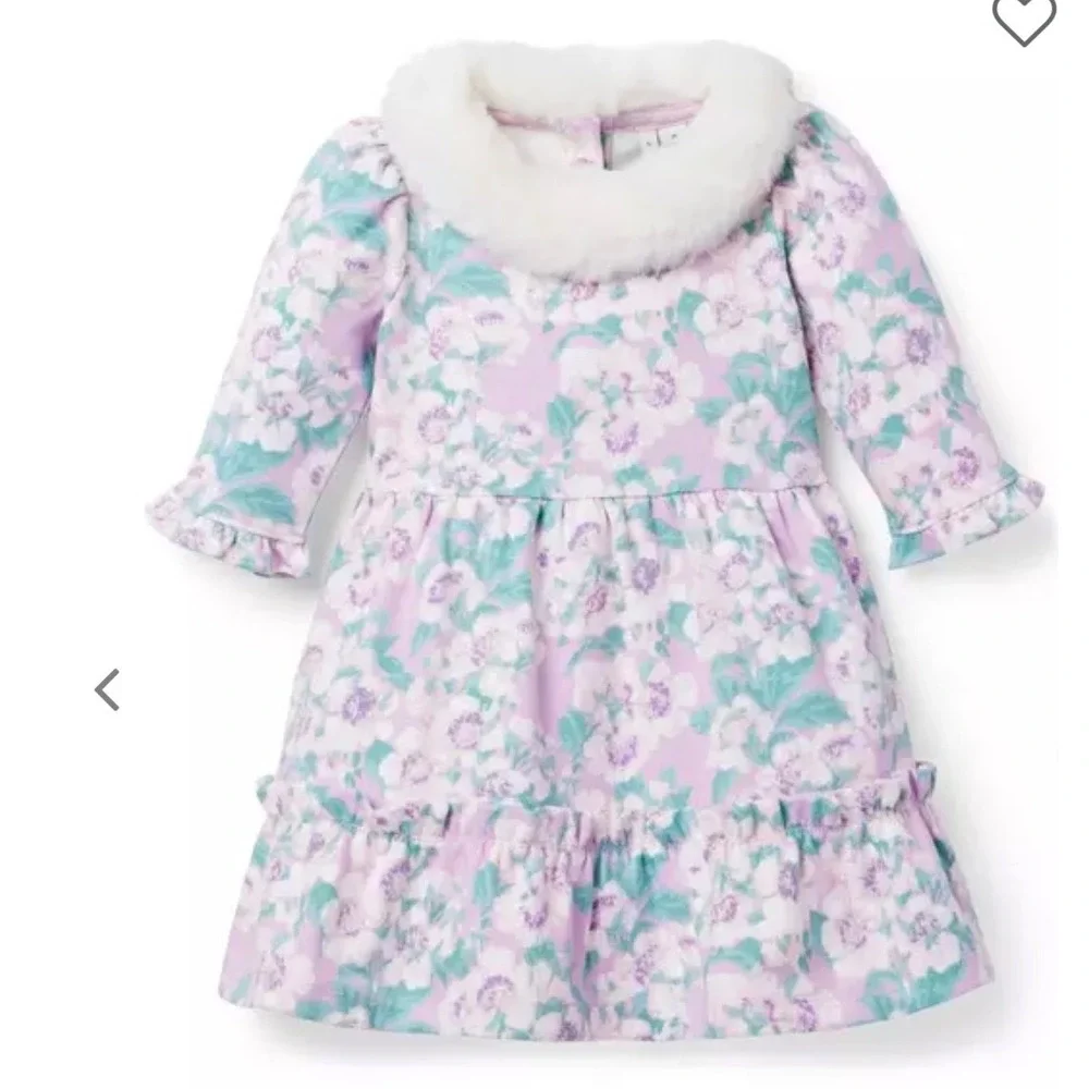 Janie & Jack Floral Dress Girls 8 Purple Faux Fur Collar Ruffle Trim Holiday NWT
